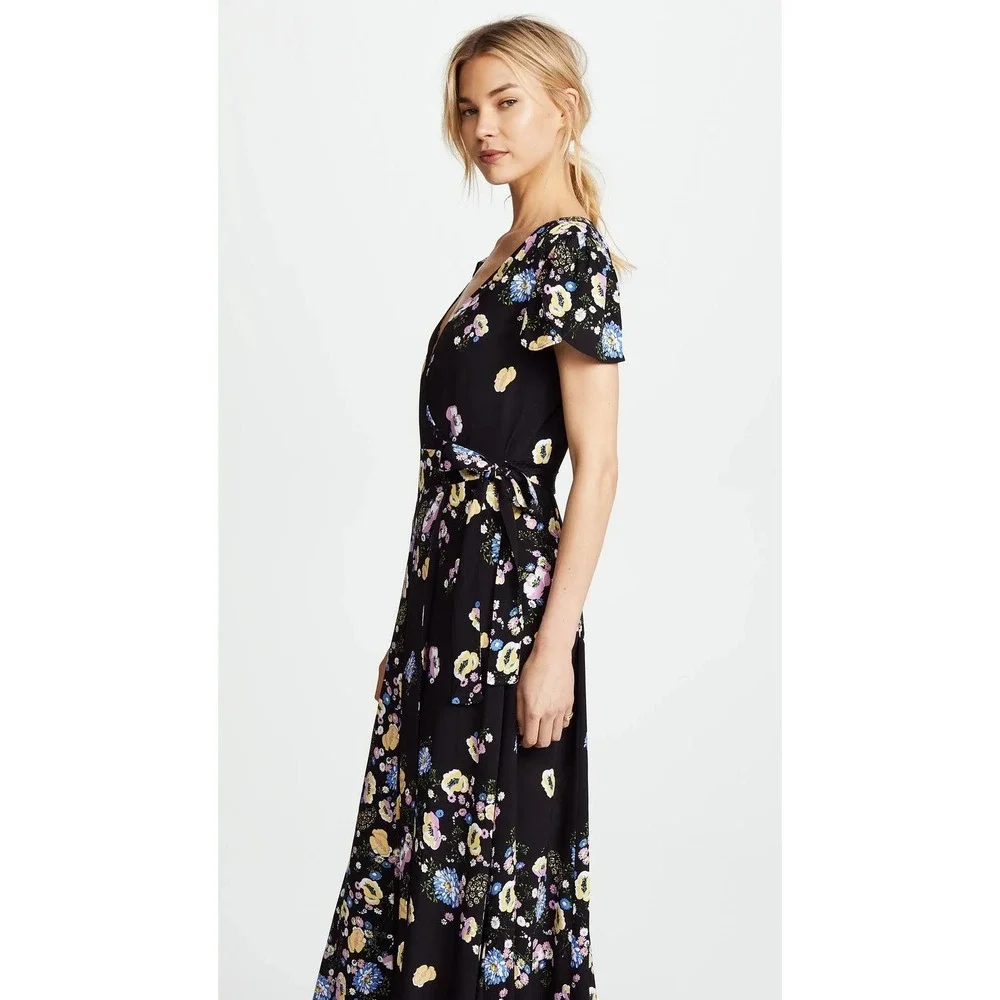 Free People Gorgeous Jess Wrap Dress Black Floral Maxi Short Sleeve Size S
